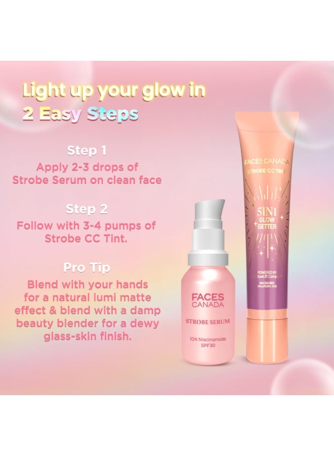 FACESCANADA Strobe Skincare Combo for Instant Glow | Strobe Serum, 15ml + Strobe CC Tint - Paradise Vibes, 18ml | SPF 30 | Dewy Highlighter Like Glow | For Fair To Light Skin | Pack of 2 - Image 2